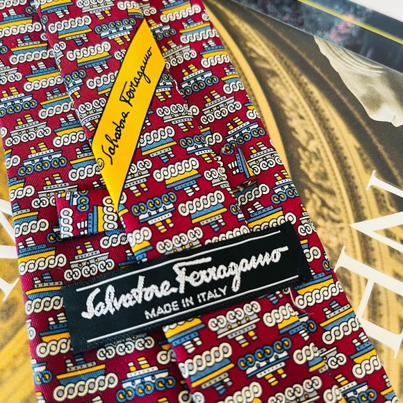 SALVATORE FERRAGAMO Silk Necktie “Tug Boat” Print Tipped Burgundy Gray 58.5x3.5 - Picture 2 of 10